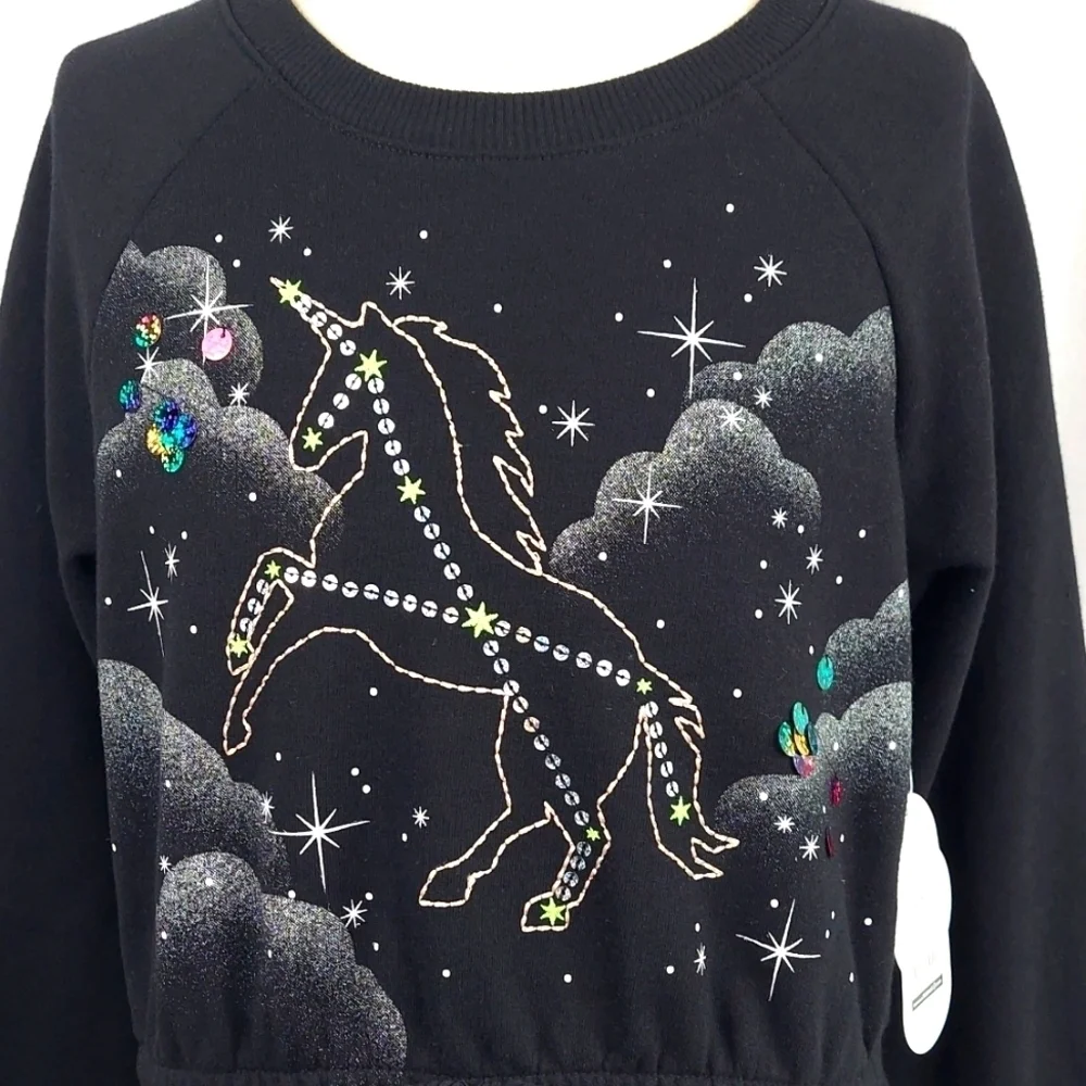 Wonder Nation Girls Long Sleeve Unicorn Sequins Dress tassel - black - L (10/12)